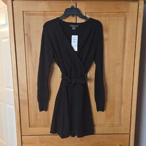 French Connection Black Wrap Knit Dress with Waist Tie